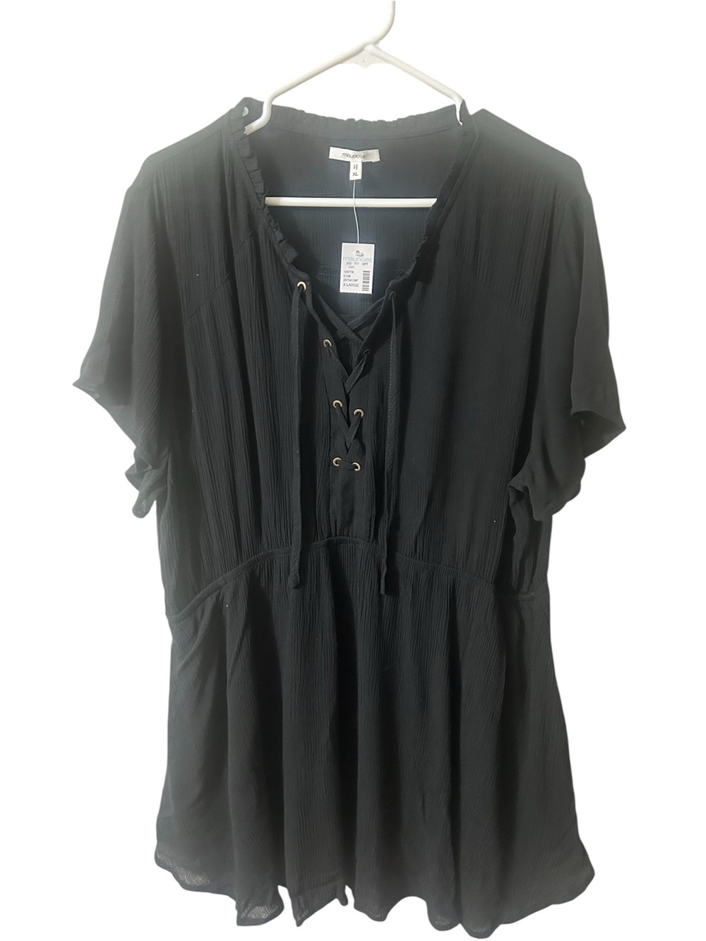Maurices Black Lace-Up V-Neck Short Sleeve Tunic Plus Size XL‎ Goth Whimsical